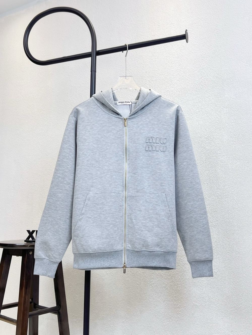 Miu Miu Zip Up Hoodie Sweatshirt Heather Grey Embossed Logo Hooded Jacket